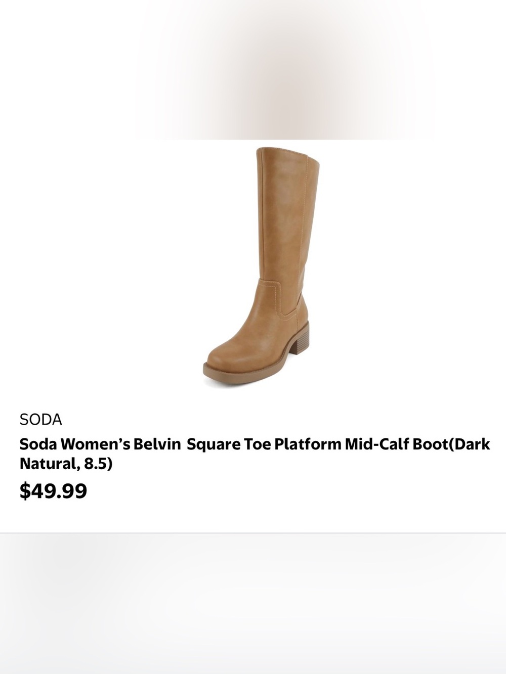 Soda Women's Belvin Square Toe Platform Mid-Calf Boot. Size 7.5 New without Box.